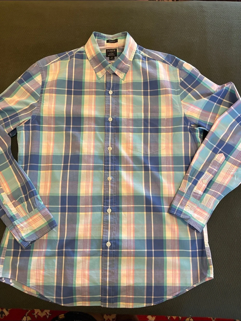 J. Crew Button-Down Plaid Shirt in Blue, Pink and Green